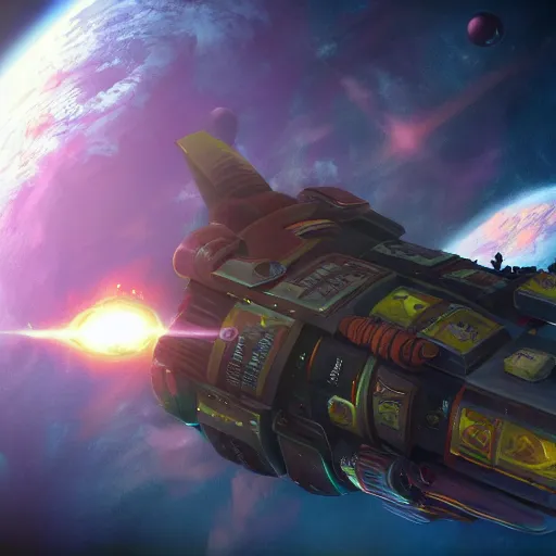 Image similar to an epic fantastic realism comic book style painting of a rogue trader ship in space, concept art, unreal 5, octane render, dynamic lighting
