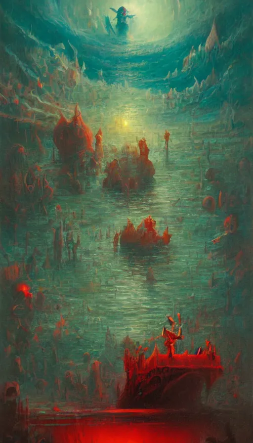 Image similar to man on boat crossing a body of water in hell with creatures in the water, sea of souls, by paul lehr,