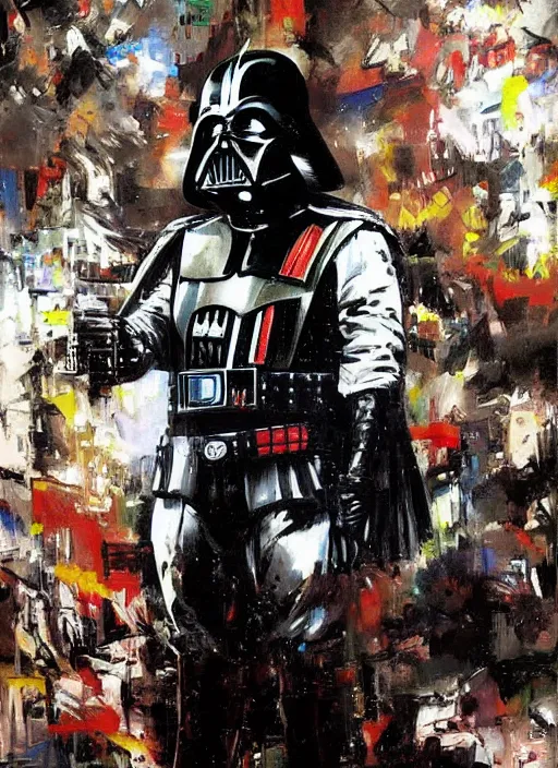 Prompt: dictator pinochet as darth vader painting by john berkey and yoji shinkawa