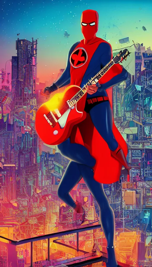 Prompt: A superhero playing the guitar on top of a rooftop in a cyberpunk city, pixar, long shot, blue hour lighting, Vaporware style, energetic, expressive, spirited, sharp, Award-Winning Art, Detailed, 8k, trending on behance