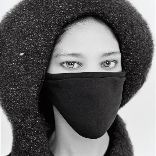 Image similar to realistic photoshooting for a new balenciaga lookbook, color film photography, portrait of a beautiful woman, model is wearing a balaclava mask, in style of tyler mitchell, 3 5 mm,