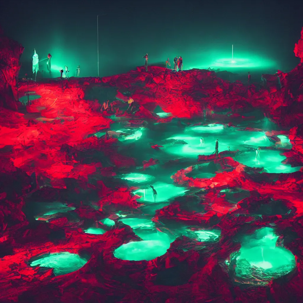 Prompt: rave club in the red pond at night, green laser, light art, photo by reuben wu, jenni pasanen, epic composition, hd, octane, volumetric lighting, masterpiece,