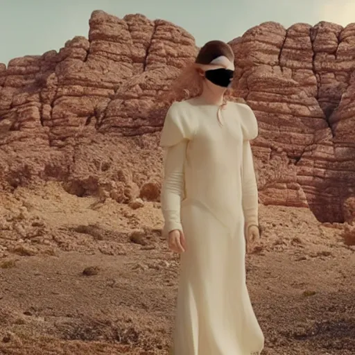 Image similar to The full body shot of beautiful pale woman with white flowers and full-face golden mask in a rocky desert landscape, multiple eyes by Denis Villeneuve, Lubezki, Gaspar Noe and Christopher Doyle, anamorphic lens, anamorphic lens flares, kodakchrome, cinematic composition, practical effects, award winning photo, 8k