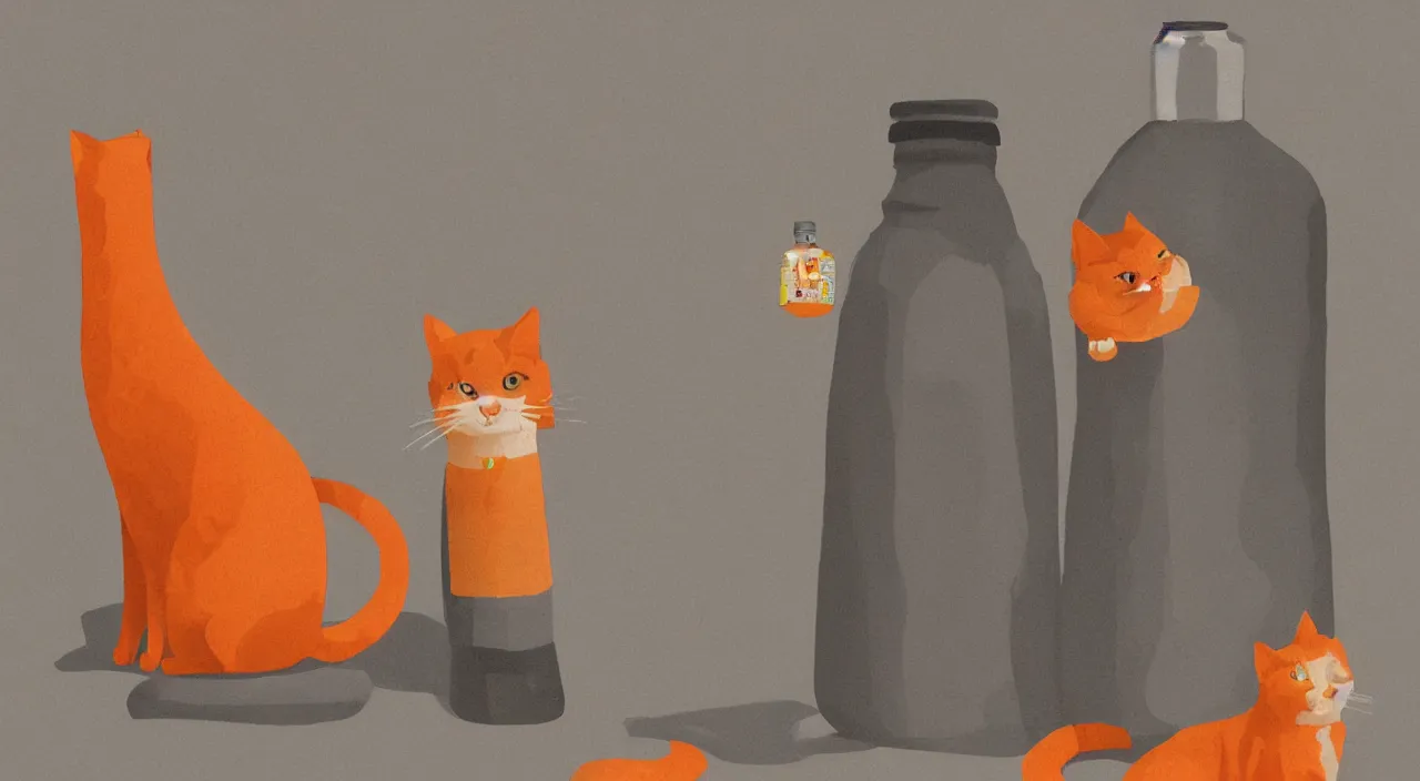 Prompt: one cat standing next to a bottle of medicine. orange cat. animal. digital art. artstation. illustration.