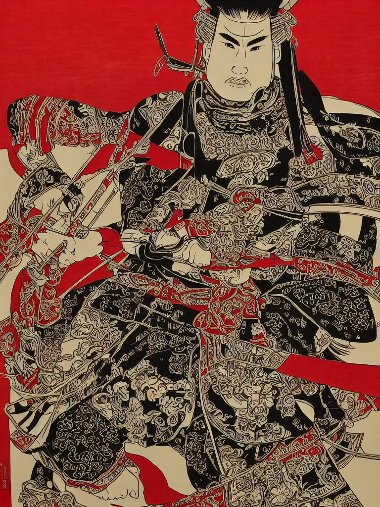 Image similar to an epic detailed political poster of a Japanese samurai in a temple, with Japanese text, high quality, intricate, detailed, 4k, by Shepard Fairey