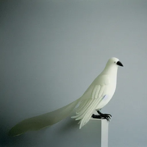 Prompt: a very cool translucent crow made by stones exhibited in a room covered by white silk, mamiya, kodak portra, film grain, professional photoshoot