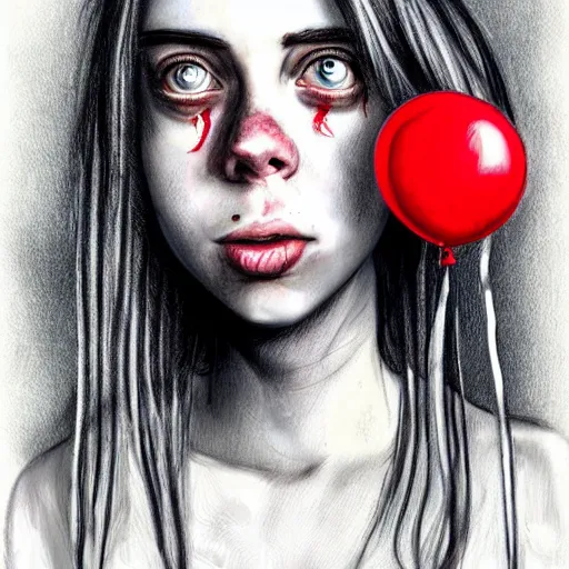 Prompt: surrealism grunge cartoon portrait sketch of billie eilish with a wide smile and a red balloon by - michael karcz, loony toons style, the conjuring style, horror theme, detailed, elegant, intricate