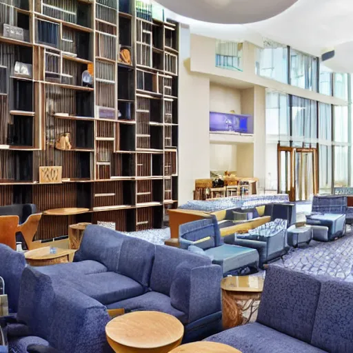 Image similar to a hotel, having many furnitures, waters, and books