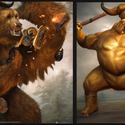 Prompt: anthropomorphic bear fighting an anthropomorphic bull, au naturel, hyper detailed, digital art, trending in artstation, cinematic lighting, studio quality, smooth render, unreal engine 5 rendered, octane rendered, art style by klimt and nixeu and ian sprigger and wlop and krenz cushart.