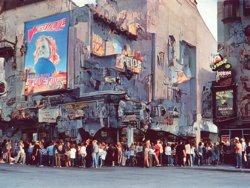 Prompt: a photograph taken with anscochrome 2 0 0, in color, street view of the small theater of the town, with a back to the future banner!!!!!!! a lot of people in a line to enter the theater, ultra detailed, almost night, 1 9 8 5,