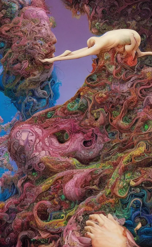 Prompt: ultrawide angle colour masterpiece surreal closeup portrait photography of surrealism by miho hirano and annie leibovitz and michael cheval, weird surreal epic psychedelic complex biomorphic 3 d fractal landscape in background by kilian eng and roger dean and salvador dali and beksinski, 8 k