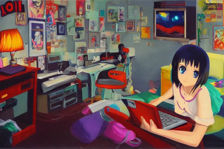 Prompt: oil painting of a girl using a computer in her room, anime, studio gainax, y2k, 2000s, posters, cluttered room