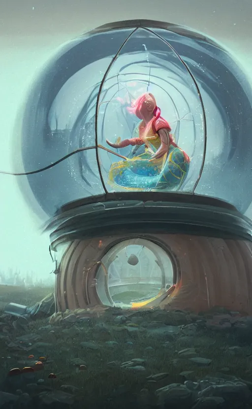 Image similar to a young and powerful goddess trapped in a dome, bubble, prisoner, panicking, lightning, energy bursts, highly detailed, digital painting, artstation, concept art, sharp focus, cinematic lighting, illustration, painted by Simon Stalenhag, cgsociety