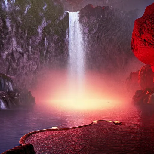 Image similar to landscape of a large waterfall flowing into an infinity pool in hell. intricate artwork. halo. octane render, cinematic, hyper realism, octane render, 8k, bokeh, demonic, dark, devil, demons, mist, red illuminating fog, rocks, red and black colour scheme.