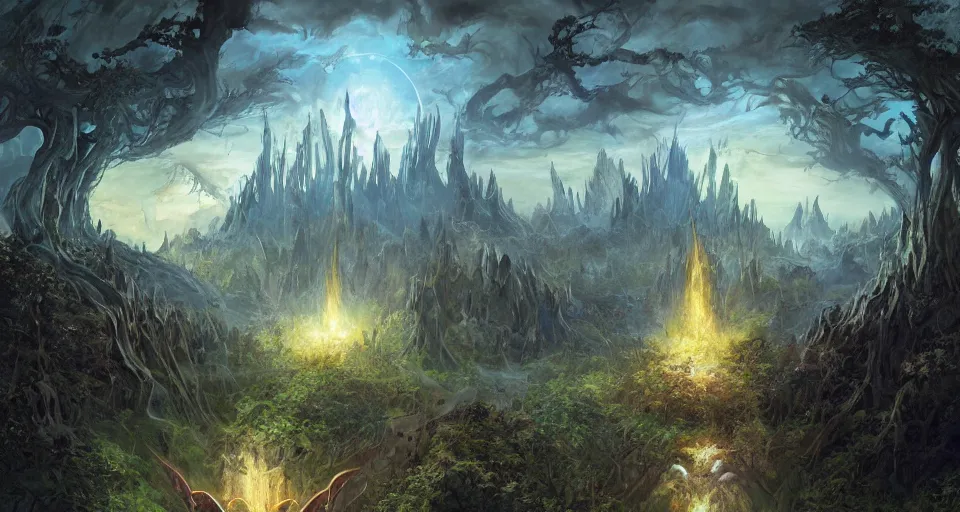 Image similar to concept art of the supernal realm of'arcadia, the fey realm'from the modern supernatural arcane magical thriller tabletop rpg'mage : the awakening ', by david mattingly and samuel araya and michael whelan and michael william kaluta and francisco goya. realistic 8 k matte painting with photorealistic hd lighting.