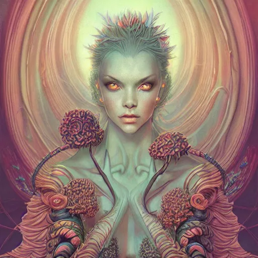 Image similar to a beautiful detailed front view portrait of a woman with ornate growing around morphing, ornamentation, flowers, elegant, beautifully lit, by wayne barlowe, peter mohrbacher, kelly mckernan,