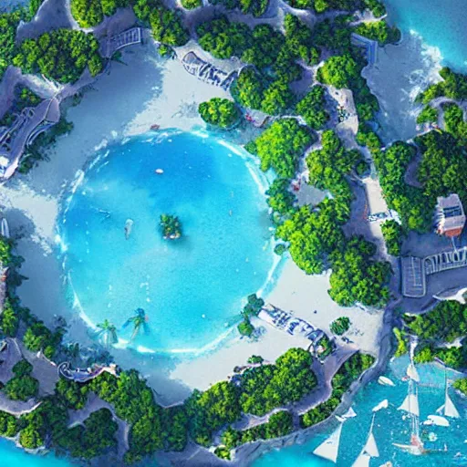 Image similar to a beautiful render of an anime island paradise from above by makoto shinkai, soft details, graphic art