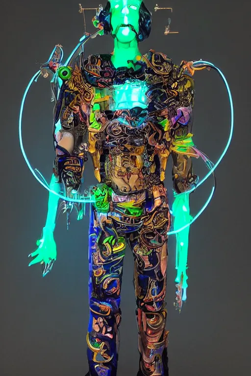 Prompt: full-body neon porcelain bladerunner style sculpture of a young handsome Italian ninja as a half android with a porcelain chest opening exposing circuitry and electric sparks, glowing laser beam eyes, crown of giant diamonds, flowing neon-colored silk, fabric, raptors. baroque elements. full-length view. baroque element. intricate artwork by caravaggio. Very very very very highly detailed epic photo of face. Trending on artstation, octane render, cinematic lighting from the right, hyper realism, octane render, 8k, depth of field, 3D