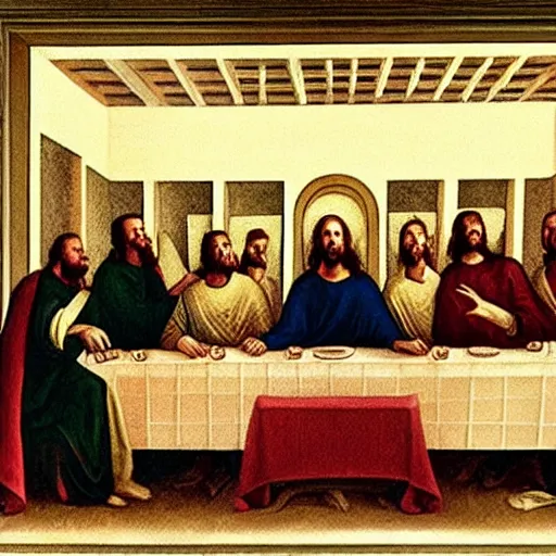 Image similar to nic cage in the last supper as painted by george w bush