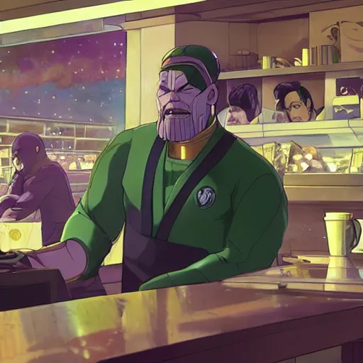 Prompt: portrait of thanos working at starbucks, digital illustration, by makoto shinkai and ruan jia and studio ghibli