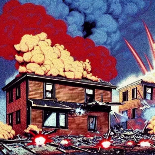 Image similar to color photo from the 80s, the shelling of a house in New York by Soviet soldiers, epic style, a bunch of explosions, realistic style