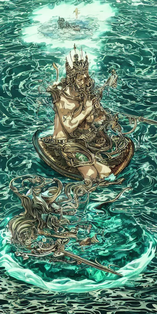 Image similar to a lone emperor sitting on a emerald throne floating on water in the middle of a lake drawn by Makoto Yukimura in the style of Vinland saga anime, full color, detailed, psychedelic, Authority, structure, a father figure