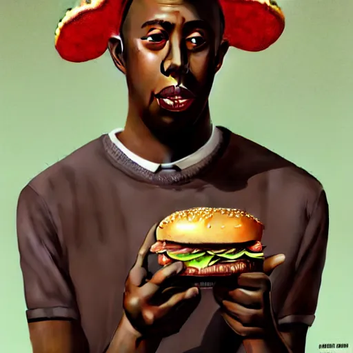 Image similar to portrait of tyler the creator eating hamburgers, extra onions and ketchup, luscious patty with sesame seeds, feminine ethereal, handsome, d & d, fantasy, intricate, elegant, highly detailed, digital painting, artstation, concept art, matte, sharp focus, illustration, art by artgerm and greg rutkowski and alphonse mucha
