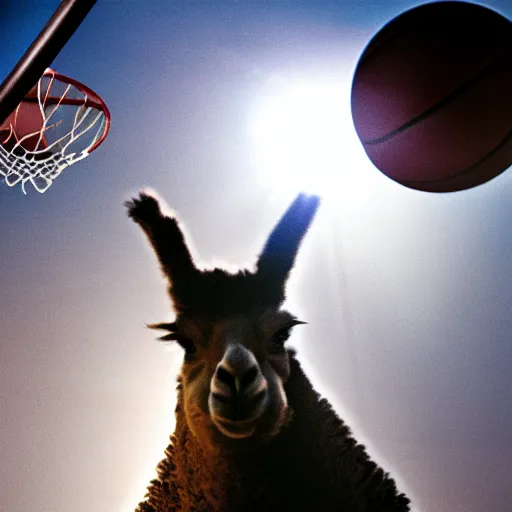 Image similar to film still of a llama dunking a basketball, low angle, extreme long shot, indoors, dramatic backlighting