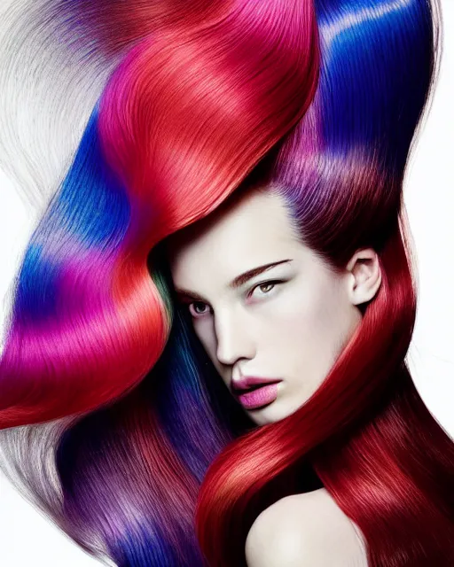 Image similar to dynamic Pantene hair flip, color interference, high fashion photograph, perfect porcelain skin, By Steven Meisel, WLOP, Felipe Pantone