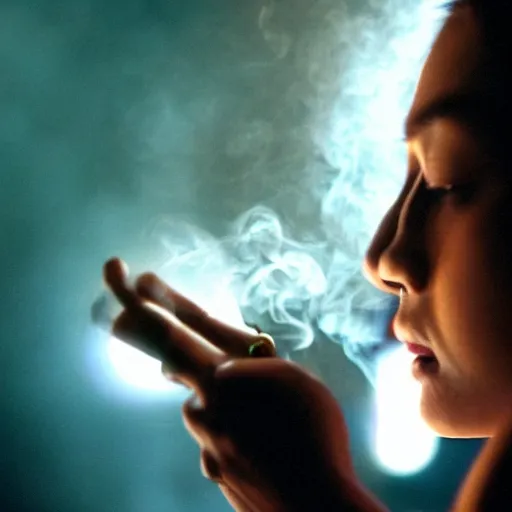 Image similar to girl smoking in a wong kar wai movie, cinematic light, atmospheric effects