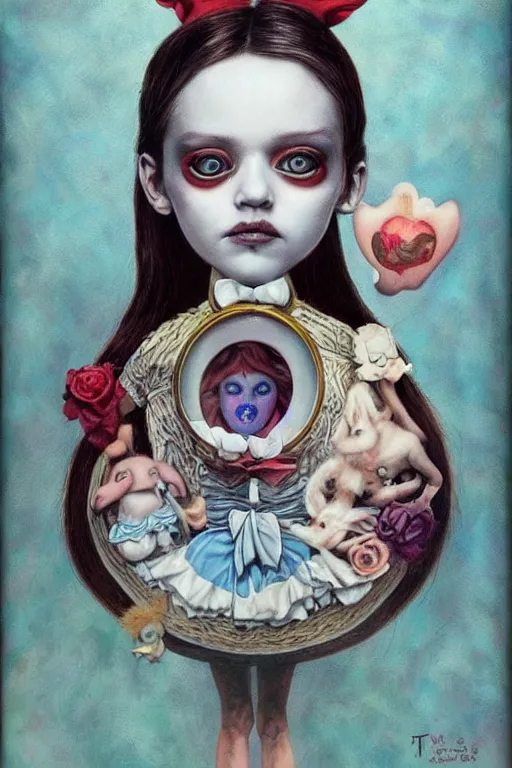 Image similar to pop surrealism, lowbrow art, realistic cute girl painting, alice in wonderland, hyper realism, muted colors, trevor brown, mark ryden style