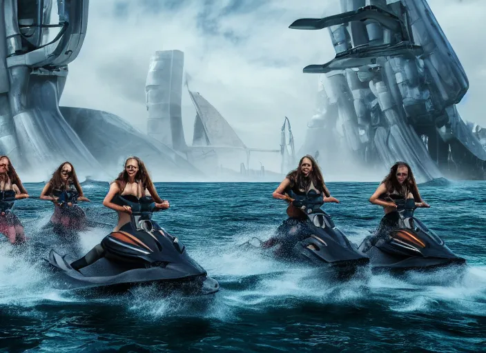 Image similar to dramatic photo of viking women riding jet skis!!, wearing a skin - tight futuristic valkerie bikinis, holding huge laser swords, rough seas in background, water world, mad max, hyper - realistic, highly detailed, accurate, 8 k octane render, 2 8 mm, wide angle, rule of thirds