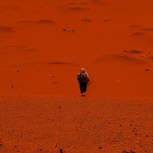 Image similar to abandoned on mars, stranded person, dream like atmosphere, melancholy, walking in the red dunes