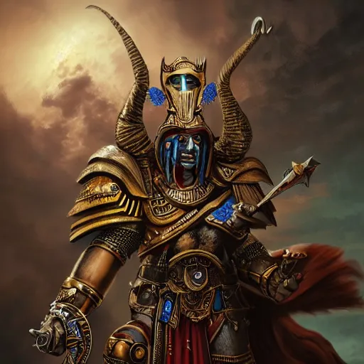 Image similar to horus from warhammer fantasy character portrait, ultra realistic, wide angle, intricate details, artifacts, luminous skies, highly detailed, highly detailed, cinematic lighting, unreal, natural tpose