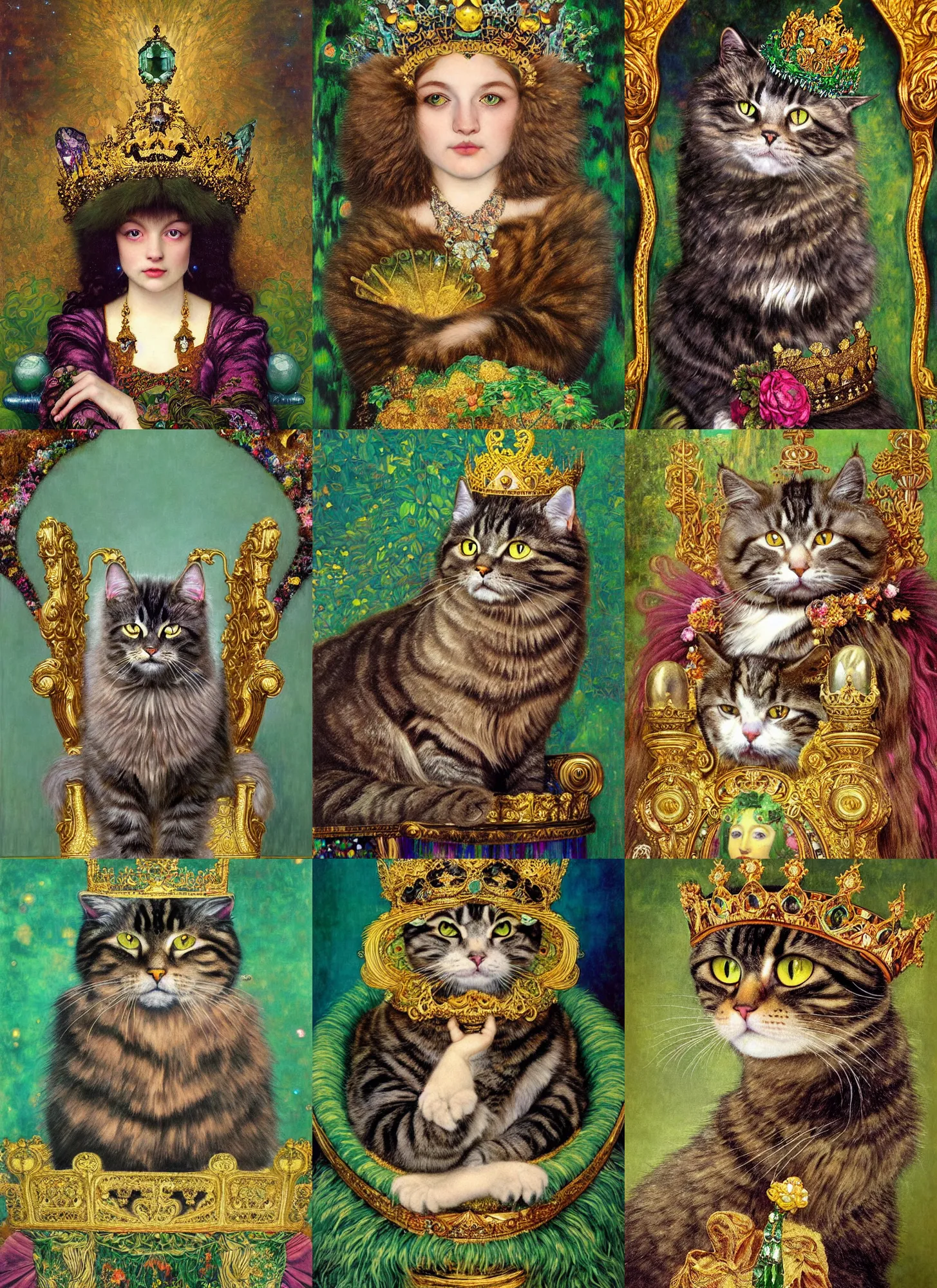 Prompt: “ an majestic portrait of a very fluffy female dark tabby cat with green eyes wearing a crown, on a throne crystals, titian, sam spratt, maxfield parrish, gustav klimt, tom bagshaw, mark ryden, alphonse mucha, high detail, 8 k, intricate ornamental details, vibrant iridescent colors, green magenta and gold ”