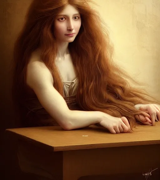 Image similar to portrait of a beautiful long - haired woman sitting upon a table with heightened detail, poised, intense emotion, detailed facial expression, detailed surroundings, intricate, elegant, highly detailed, centered, digital painting, artstation, concept art, smooth, sharp focus, illustration, by ( leonardo da vinci ), wlop