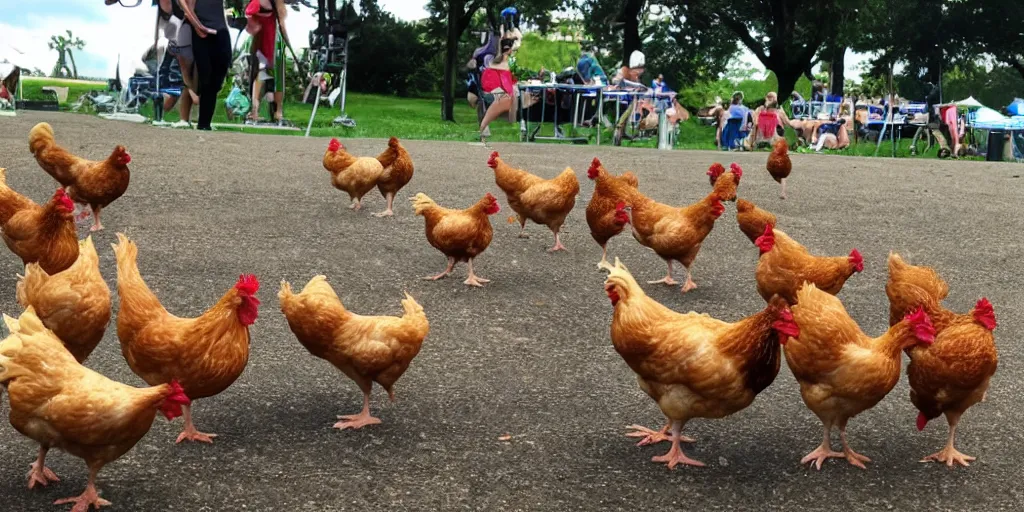 Prompt: summer music festival with only chicken as audience. no humans