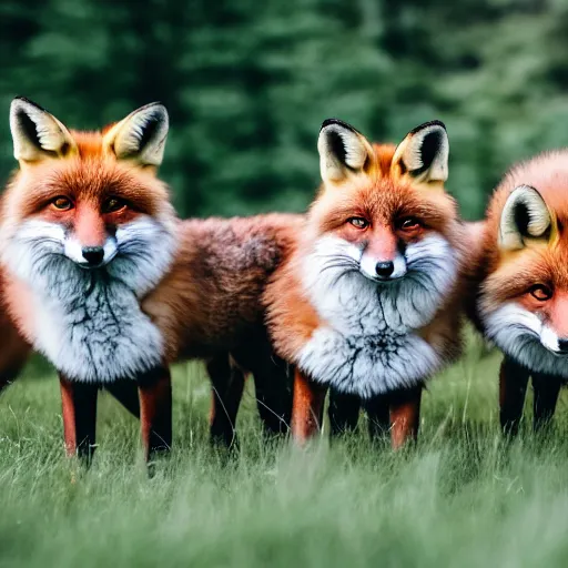 Prompt: a group of fox animals dressed in modern american military soldier uniforms, special ops foxes animals, 8 5 mm f / 1. 4