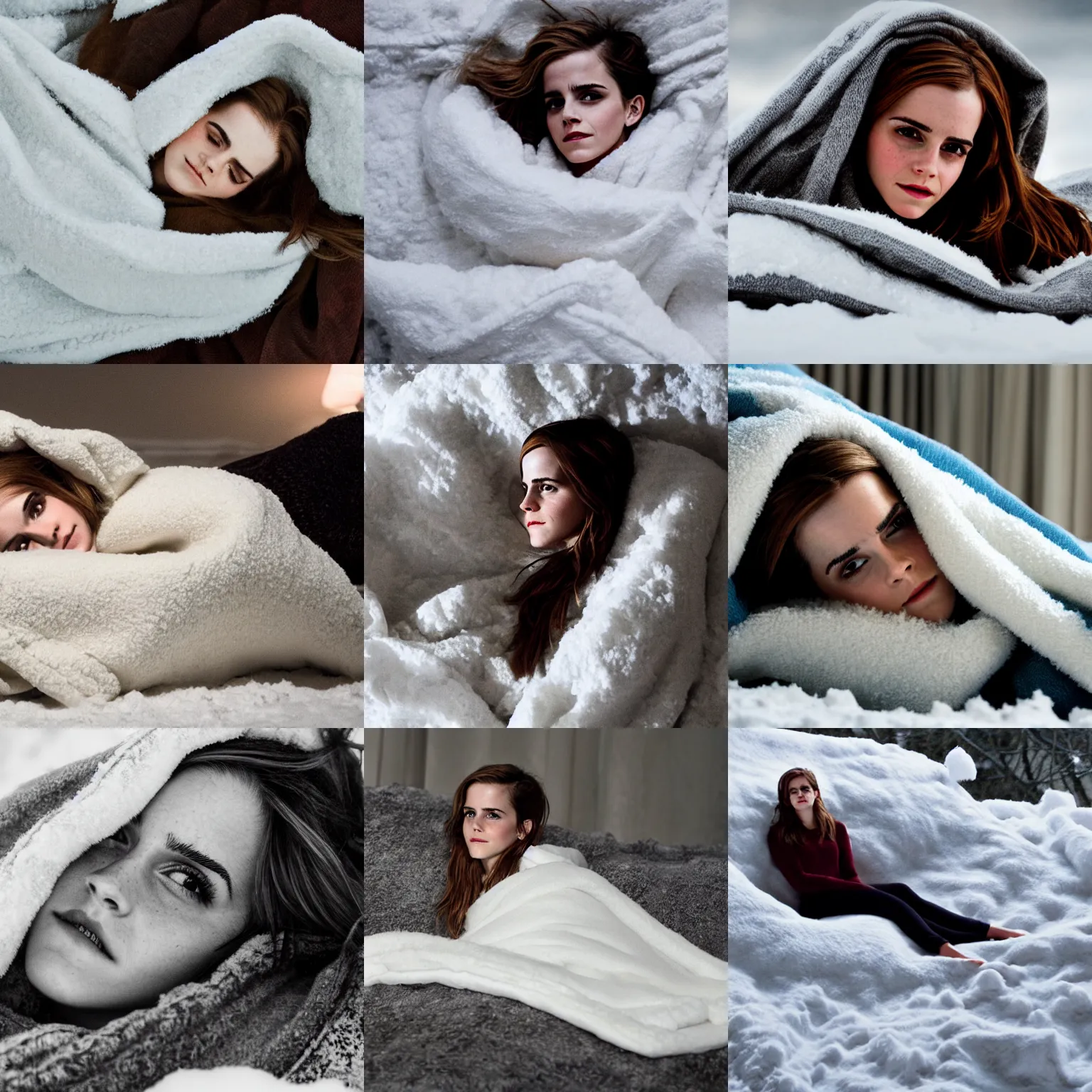 Prompt: emma watson laying in snowdrift, clutching blanky, dimly lit, atmospheric