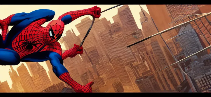 Prompt: spider - man web swinging through the city, digital painting masterpiece, by ilya kuvshinov, by frank frazetta, by mœbius, by reiq, by hayao miyazaki, intricate detail, beautiful brush strokes, advanced lighting technology, 4 k wallpaper, interesting character design, stylized yet realistic anatomy and faces, inspired by kill bill animated scene