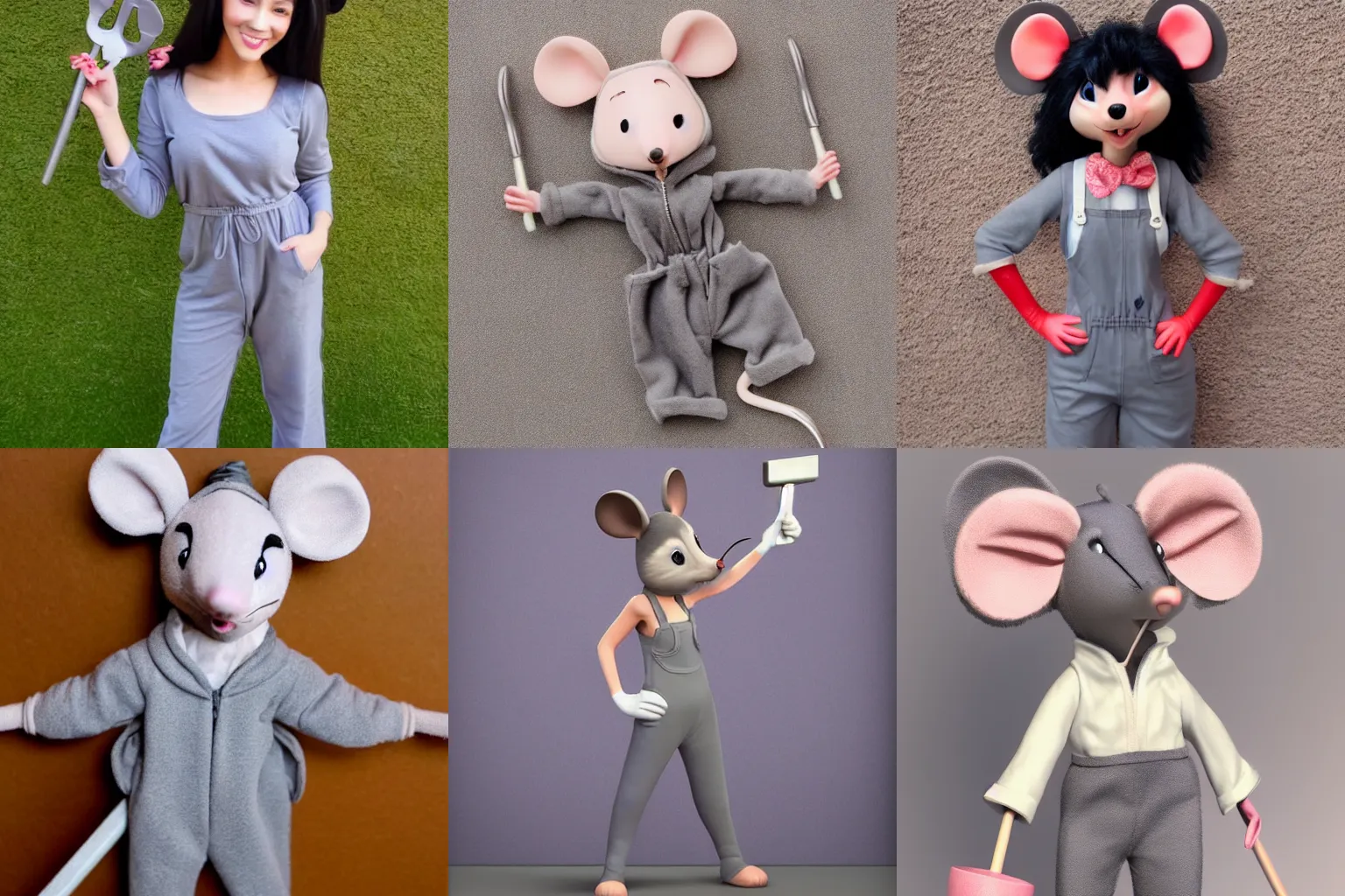 Prompt: cute female beautiful mouse wearing grey jumpsuit and holding steel wrench, by DreamWorks style