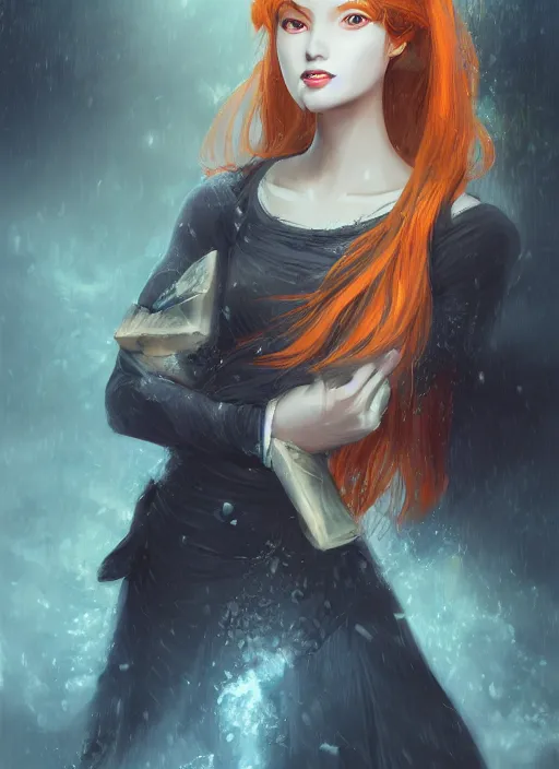 Prompt: a portrait of Nami the burglar as a real girl, wearing a traditional kunoichi dress, ginger hair, beautiful face, intricate, highly detailed, digital painting, artstation, thunderstorm on the background, matte painting, concept art, smooth, sharp focus, illustration, art by Charlie Bowater and Gustave Baumann, matte painting