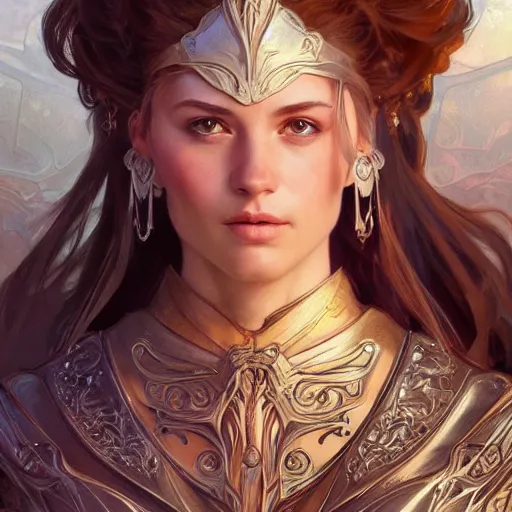 Prompt: portrait of Emma watsson in armor, D&D, fantasy, intricate, elegant, highly detailed, digital painting, artstation, concept art, smooth, sharp focus, illustration, art by artgerm and greg rutkowski and alphonse mucha