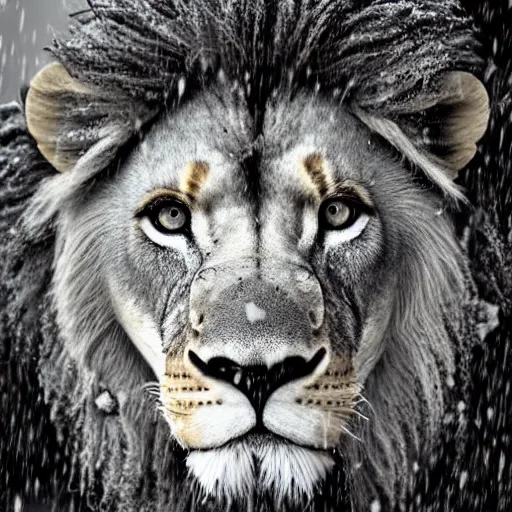 Image similar to a lion in the snow, blizzard,