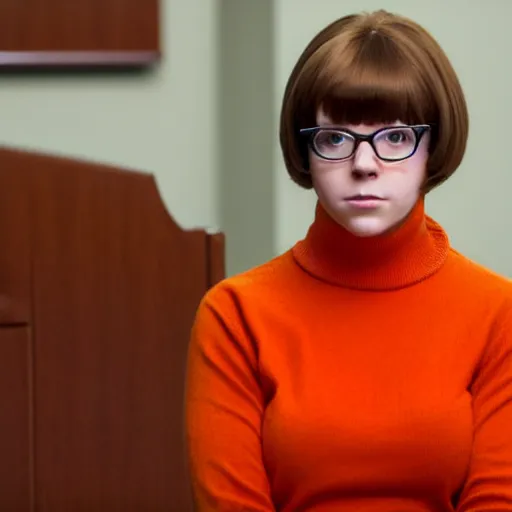 Image similar to Beautiful stunning Portrait scene of Real Life Velma Dinkley wearing her iconic orange sweater from Scooby Doo in court for falsely accusing someone of being a criminal by Greg Rutkowski. Velma is a teenage female, with chin-length auburn hair and freckles. She is wearing a baggy, thick turtlenecked orange sweater, with a red skirt, knee length orange socks and black Mary Jane shoes. by Mark Arian, soft render, octane, highly detailed painting, artstation