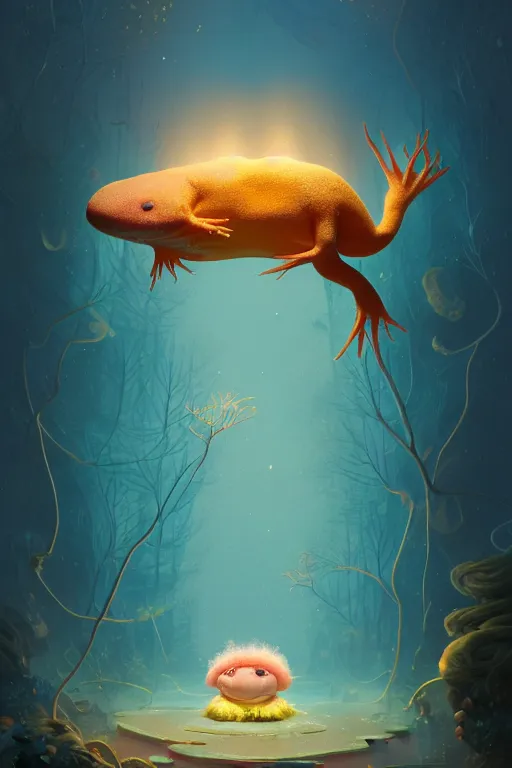 Prompt: ortographic view of Storytime perspective Bioluminescent, portrait of axolotl wearing wizard hat, very intricate , trending on artstation , very elegant, in the golden hour by Daniel Merriam, Trending on Artstation, oil on Canvas by Elena Zhurikhina and Goro Fujita and Charlie Bowater, octane render, 4k, 8k, HD by Jen Bartel and Dan Mumford and Satoshi Kon, gouache illustration, vivid colors