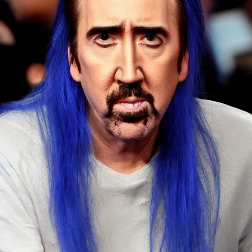 Prompt: nicholas cage with blue hair