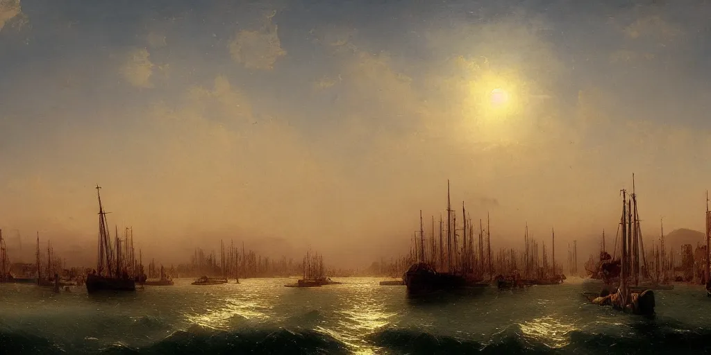 Prompt: A detailed matte painting of of the Ravenna harbor in the 15th century, trending on artstation by Ivan Aivazovsky and Frederic Edwin Church