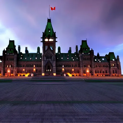 Image similar to Canadian Parliament building in Ottawa if it was cyberpunk, photorealistic