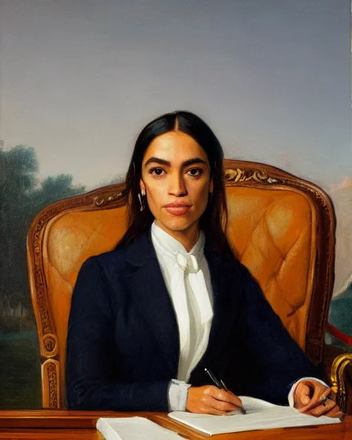 Image similar to official close - up portrait of the united states president, alexandria ocasio - cortez, resolute desk, 1 8 4 8, oil on canvas by william sidney mount, trending on artstation, national archives